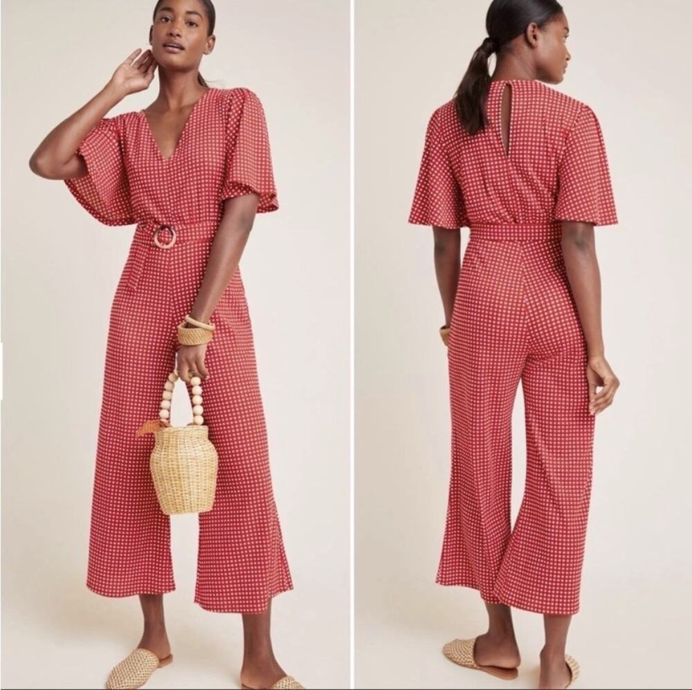 Anthropologie Ett:twa Red Checkered Belted Jumpsuit 2